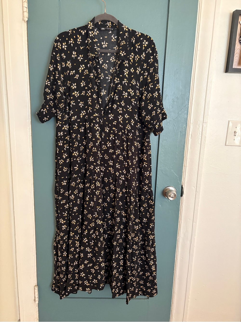 Zara Black Midi Dress with Cream & Yellow Floral Print